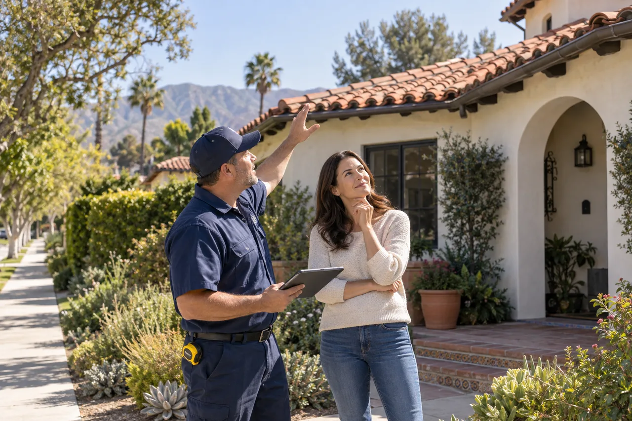 Roofing professional consulting with a Pasadena homeowner about roof condition and repair options