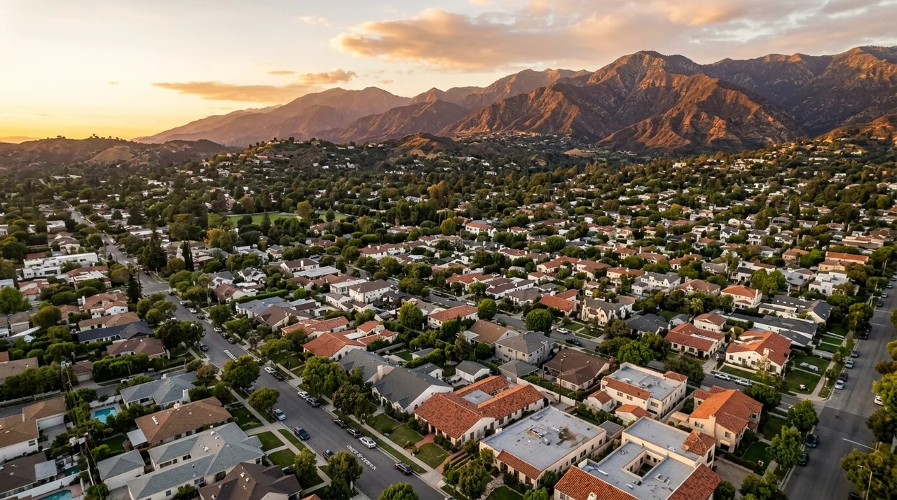 Aerial view of Pasadena California rooftops and residential neighborhoods with San Gabriel Mountains in the background at sunset