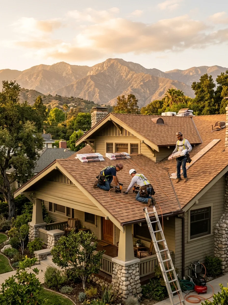 Roofing team installing shingles on a craftsman-style home in Pasadena California with San Gabriel Mountains visible in background